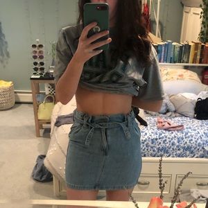Paper bag waist denim mini skirt